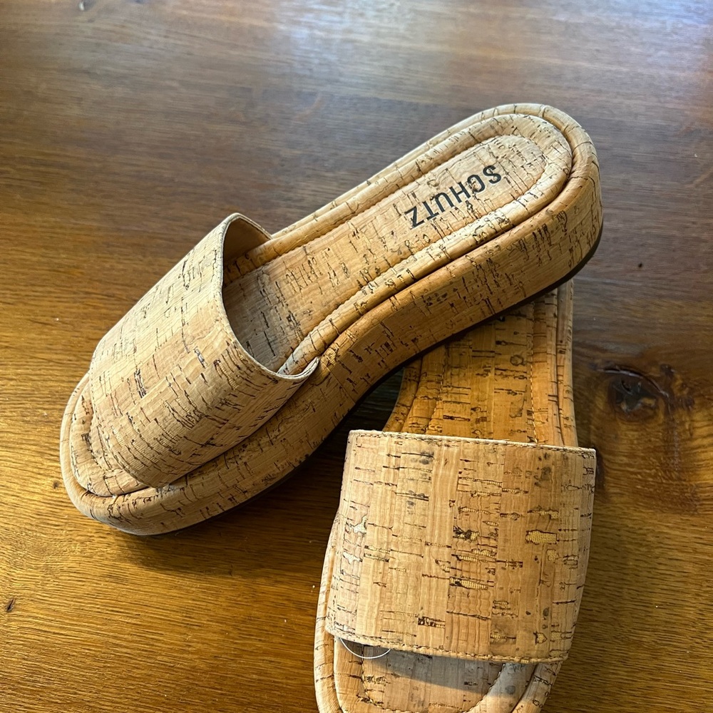 Schutz Tan Cork Slide Sandals
